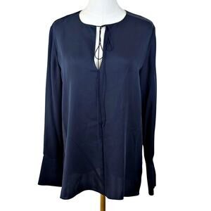 Theory Silk MED Navy Blue Keyhole Tie Front Cuffed Sleeve Blouse Tunic Minimal